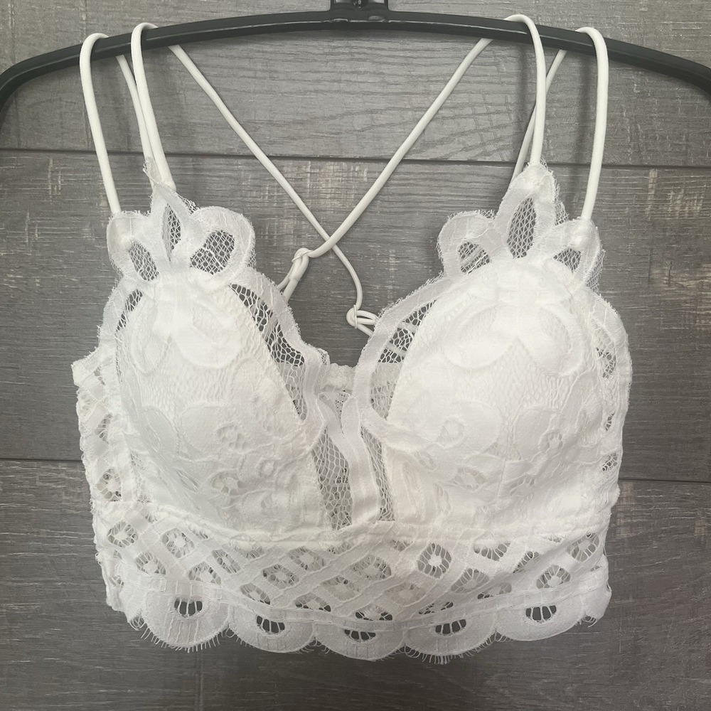 White Lace Bralette Strappy Back Boho Bridal Cottagecore Crop Top S Zenana